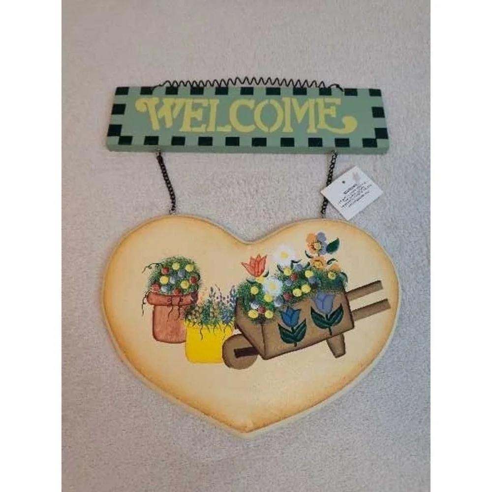 Heart Welcome Sign Floral Wheelbarrow Garden Decor Hanging Wall Art